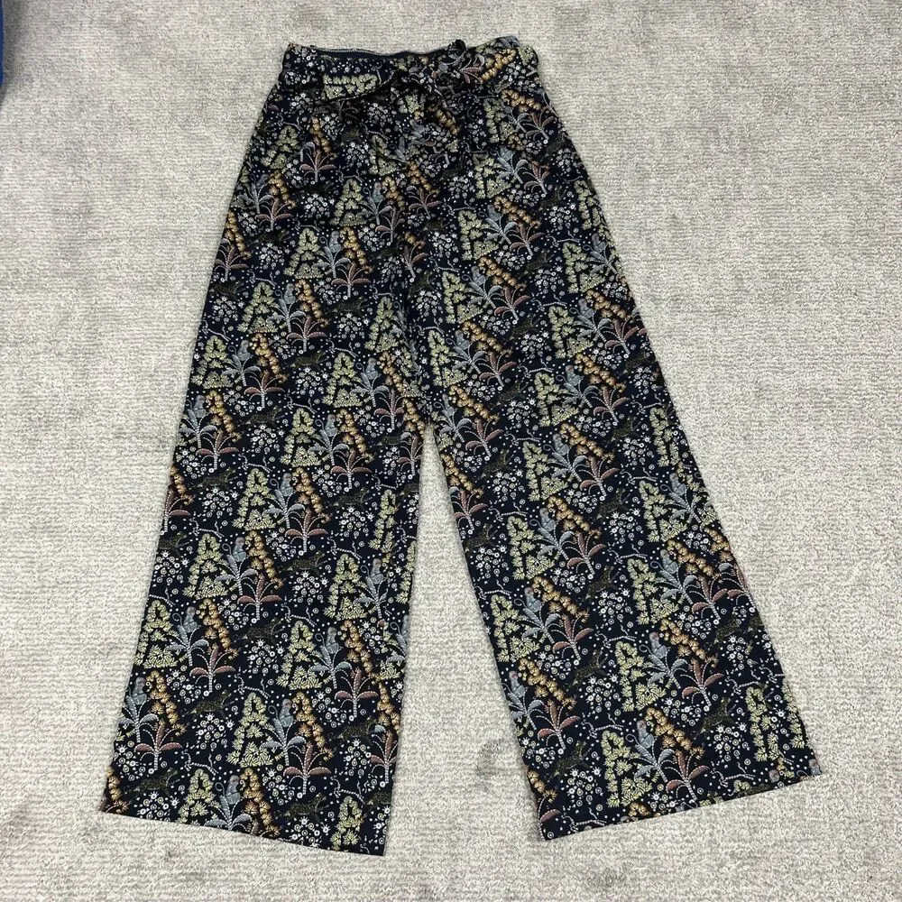 J Crew Point Sur Pants Womens 4 Tall Satin Jungle Print Wide Leg Belted Pockets